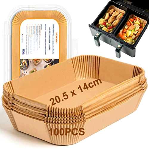 HONYAO Papel para Freidora de Aire Dual Zone, 20,5x14cm 100 Piezas Rectangular Papel de Horno Compatible con Cecotec/Masterpro/Ninja AF300EU/ AF400EU Doble Air Fryer Accesorios - Rectángulo