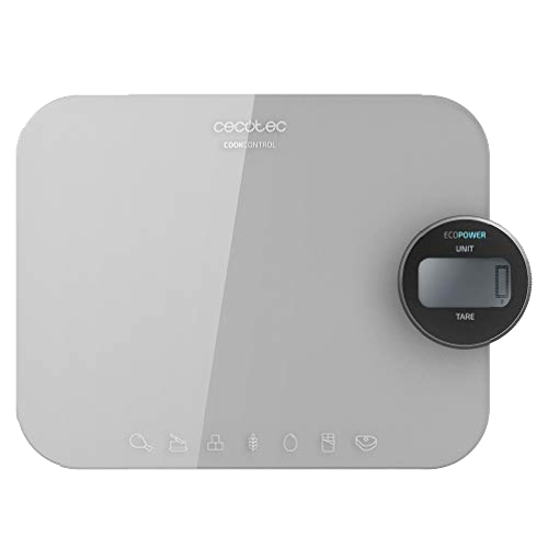 Cecotec Báscula de Cocina Cook Control 10300 EcoPower Nutrition. Funciona sin Pilas, Precisión Desde 1 gr, Pantalla LCD, Función Tara, Función sólidos y líquidos