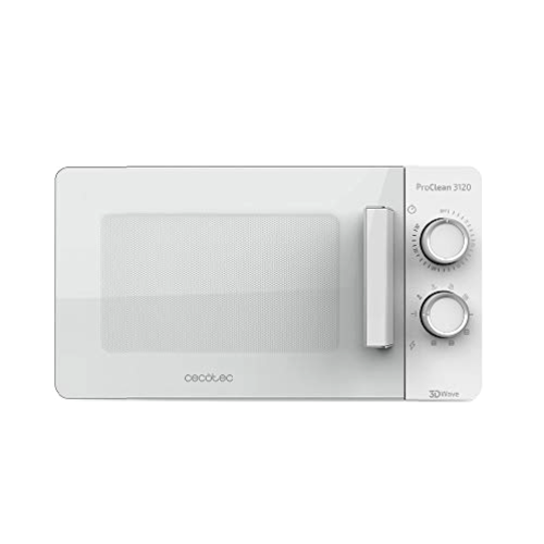 Cecotec Microondas blanco ProClean 3120. 20 L, Con Grill y Revestimiento Ready2Clean para mejor limpieza, Tecnología 3DWave, Diseño puerta FullWhite y detalles metálicos, 6 niveles